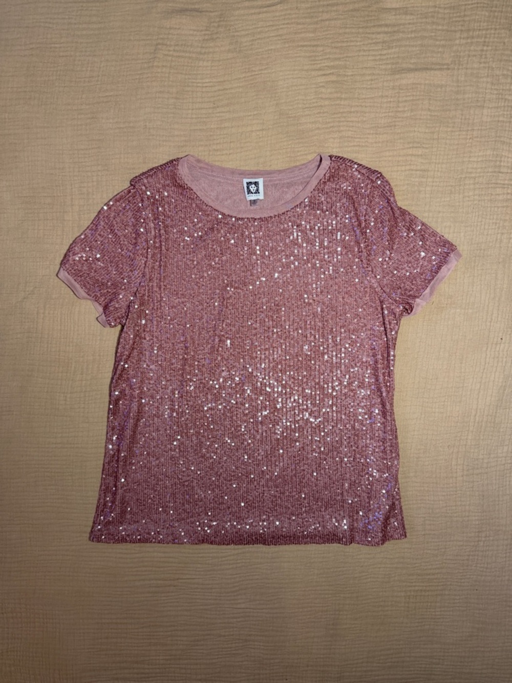 Anne Klein Berry Rose Pink Sequin Short Sleeve Top